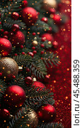 Christmas decoration border with fir branches and golden glitter confetti and sparkles of lights blur bokeh on red background. Bright Christmas and New Year design holiday frame, copy space. Стоковое AI-изображение, AI-художник Ирина Михайличенко / Фотобанк Лори