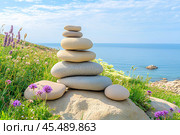 Композиция из природных камней, башня, пирамидка на морском берегу. Баланс и равновесие. Стоковое AI-изображение, AI-художник Щеголева Ольга / Фотобанк Лори