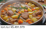 Beef stew simmering with vegetables and herbs. Стоковое AI-видео, аниматор Юрий Поздников / Фотобанк Лори