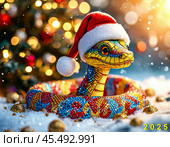 A snake, the symbol of the year 2025 according to the Eastern calendar, in a New Year's hat. The snake symbolizes wisdom, vitality, immortality and healing power. New Year card. Стоковое AI-изображение, AI-художник Сергей Елизарьев / Фотобанк Лори