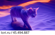 Cat exploring a neon-lit sandscape with curiosity, AI. Стоковое AI-изображение, AI-художник Сергей Старуш / Фотобанк Лори