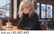 Cute anime girl with blonde hair sitting in a fancy cafe with a cup of coffee, music background, loop animations. Стоковое AI-видео, аниматор Maddy Zen / Фотобанк Лори