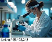 A female laboratory assistant looks through a microscope. Стоковое AI-изображение, AI-художник RamA / Фотобанк Лори