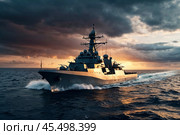 Modern military rocket cruiser warship sailing in open stormy sea at sunset cloudy sky, naval military control of sea. Protection of water state borders. Naval forces army concept. Copy ad text space. Стоковое AI-изображение, AI-художник Aleksandr Golubev / Фотобанк Лори