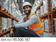 A weary warehouse worker rests against towering shelves that stretch deep into the warehouse, creating a sense of vastness and the demanding nature of the job. Стоковое AI-изображение, AI-художник Ярославский Максим / Фотобанк Лори