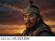 A Mongol warrior of the 14th century at sunset. Стоковое AI-изображение, AI-художник Александр Поташев / Фотобанк Лори