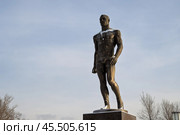 Памятник Ивану Ярыгину, город Абакан, Республика Хакасия, Сибирь, Россия. Иван Сергеевич Ярыгин (1948-1997) — советский борец вольного стиля (чемпион мира, двукратный чемпион Олимпийских игр) и тренер сборной СССР по вольной борьбе. Бронзовая скульптура борца на фоне неба. Редакционное фото, фотограф Андрей Степанов / Фотобанк Лори