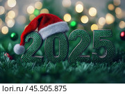 The numbers 2025 are made of green snake skin on a festive background, symbolizing the New Year. Santa's hat is on top of the numbers. Стоковое AI-изображение, AI-художник Ярославский Максим / Фотобанк Лори