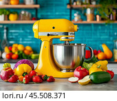 Bright orange mixer on the table with vegetables and fruits. Стоковое AI-изображение, AI-художник Сергей Елизарьев / Фотобанк Лори