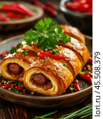Sausages in dough (corn dog). Enjoy your meal! Стоковое AI-изображение, AI-художник Сергей Елизарьев / Фотобанк Лори