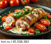Turkey rolls with ham and cheese. Enjoy your meal! Стоковое AI-изображение, AI-художник Сергей Елизарьев / Фотобанк Лори