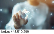 Рука касается символа Вай Фай (Wi-FI) Стоковое AI-изображение, AI-художник Александр Жуков / Фотобанк Лори