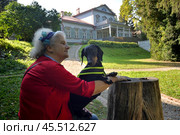 Abramtsevo, Sergiev Posad district, Moscow region, September 13, 2023: Elderly woman with black and tan dachshund sits on tree stump in park, Abramtsevo Museum-Reserve. Редакционное фото, фотограф Алексей Антипов / Фотобанк Лори