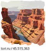 Colorado river flowing through desert canyon landscape illustration. Стоковое AI-изображение, AI-художник Иван Рябоконь / Фотобанк Лори