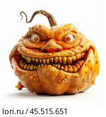 Scary halloween pumpkin grinning showing teeth on white background. Стоковое AI-изображение, AI-художник Иван Рябоконь / Фотобанк Лори