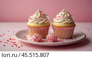 Festive cupcakes, baked with pastry sprinkles on a pink background with sequins, ideal for romantic celebrations. Valentine's Day, wedding. Стоковое AI-изображение, AI-художник Photojuli / Фотобанк Лори