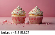Festive cupcakes, baked with pastry sprinkles on a pink background with sequins, ideal for romantic celebrations. Valentine's Day, wedding. Стоковое AI-изображение, AI-художник Photojuli / Фотобанк Лори