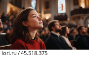 Young girl attentively listening during a church service in a historic sanctuary filled with worshippers. Стоковое AI-изображение, AI-художник Сергей Толмачёв / Фотобанк Лори