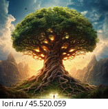 Древо жизни. Человек, познающий себя и вселенную, смотрит на древо жизни, пробуждение, просветление. Стоковое AI-изображение, AI-художник Алексей Смирнов / Фотобанк Лори