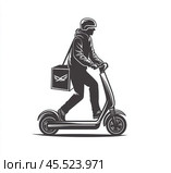 A dynamic illustration of a courier in action, delivering a package against a clean white backdrop. Стоковое AI-изображение, AI-художник Ярославский Максим / Фотобанк Лори