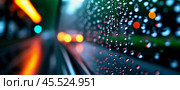 Raindrops cling to the surface of car glass, distorting a vibrant cityscape at evening, where colorful lights from traffic and buildings merge into a beautiful display. Generative AI. Стоковое AI-изображение, AI-художник Юлия Петровская / Фотобанк Лори