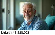 Elderly man in nursing home setting, showing signs of cognitive decline or dementia. Wrinkled face, gray hair, and distant expression old age, memory loss, and life in assisted living facility. Стоковое AI-изображение, AI-художник Павел Муравьев / Фотобанк Лори