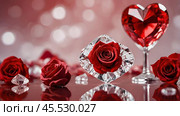 A banner for Valentine's Day. Crystal red hearts with festive lights in the form of a side in the background. A mock-up of an invitation card for a Valentine's Day party, a place to copy. Стоковое AI-изображение, AI-художник Photojuli / Фотобанк Лори