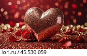 A banner for Valentine's Day. A red heart and roses with festive lights in the form of a side in the background. A mock-up of an invitation card for a Valentine's Day party, a place to copy. Стоковое AI-изображение, AI-художник Photojuli / Фотобанк Лори