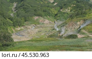 Hot springs and fumaroles in Valley of Geysers. Стоковое видео, видеограф Михаил Коханчиков / Фотобанк Лори