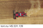 Top view of combine on harvest field. Стоковое видео, видеограф Михаил Коханчиков / Фотобанк Лори