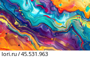 A vibrant abstract image with swirling colors of orange, blue, and red, accented with bubbles. Fluid art style, dynamic and lively. Стоковое AI-изображение, AI-художник Александра Рублева / Фотобанк Лори