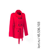 Women's textile red coat isolated on a white background. Стоковое фото, фотограф Елена  Попкова / Фотобанк Лори