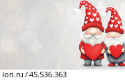 Whimsical gnomes holding hearts in festive red attire, AI. Стоковое AI-изображение, AI-художник Сергей Старуш / Фотобанк Лори