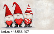 Three whimsical gnomes with red hats hold heart-shaped signs, spreading love and joy, AI. Стоковое AI-изображение, AI-художник Сергей Старуш / Фотобанк Лори