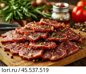 Every year on November 27th, Dried Meat Day is celebrated. The holiday is dedicated to homemade dried meat and simple recipes, the best from generation to generation. Стоковое AI-изображение, AI-художник Сергей Елизарьев / Фотобанк Лори