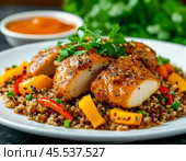 Buckwheat with chicken, bell pepper and pumpkin. Enjoy your meal! Стоковое AI-изображение, AI-художник Сергей Елизарьев / Фотобанк Лори