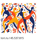 Various abstract people are dancing, background with various elements and figures. Стоковая иллюстрация, иллюстратор Екатерина Усольцева / Фотобанк Лори