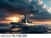 Modern military rocket cruiser warship sailing in open stormy sea at sunset cloudy sky, naval military control of sea. Protection of water state borders. Naval forces army concept. Copy ad text space. Стоковое AI-изображение, AI-художник Aleksandr Golubev / Фотобанк Лори