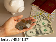 Мелочь в ладони, американские доллары, российские рубли, свинья копилка, паспорт. Стоковое фото, фотограф Оксана Шведкова / Фотобанк Лори