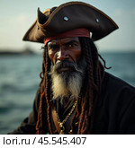 A seasoned pirate captain with long dreadlocks and a striking beard stares intently into the distance. Piracy is an activity committed by pirates, robbing ships on the seas, oceans. Generative AI. Стоковое AI-изображение, AI-художник Юлия Петровская / Фотобанк Лори