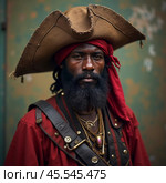 A seasoned pirate captain with long dreadlocks and a striking beard stares intently into the distance. Piracy is an activity committed by pirates, robbing ships on the seas, oceans. Generative AI. Стоковое AI-изображение, AI-художник Юлия Петровская / Фотобанк Лори