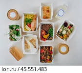 food in containers. proper nutrition, daily diet, weight loss. soup, drink, salad, steak. Top view. Стоковое фото, фотограф Abakumova Ekaterina / Фотобанк Лори