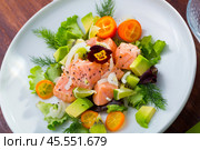 Ceviche from salmon on plate with cumquat, green dill and avocado. Стоковое фото, фотограф Яков Филимонов / Фотобанк Лори