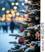 A decorated Christmas tree on a city street. New Year's atmosphere, city landscape. Стоковое AI-изображение, AI-художник Сергей Елизарьев / Фотобанк Лори