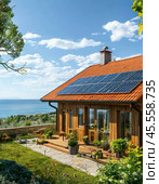Solar monocrystalline battery on the roof of a private house in the countryside. Use of solar energy. Стоковое AI-изображение, AI-художник Сергей Елизарьев / Фотобанк Лори