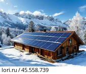 Solar monocrystalline battery on the roof of a private house in the countryside. Use of solar energy. Стоковое AI-изображение, AI-художник Сергей Елизарьев / Фотобанк Лори