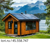 Solar monocrystalline battery on the roof of a private house in the countryside. Use of solar energy. Стоковое AI-изображение, AI-художник Сергей Елизарьев / Фотобанк Лори