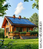 Solar battery on the roof of a private house in the countryside. Use of solar energy. Стоковое AI-изображение, AI-художник Сергей Елизарьев / Фотобанк Лори