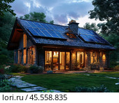 Solar battery on the roof of a private house in the countryside. Use of solar energy. Стоковое AI-изображение, AI-художник Сергей Елизарьев / Фотобанк Лори