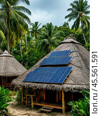 Solar battery on the roof of the hut. Using solar energy. Стоковое AI-изображение, AI-художник Сергей Елизарьев / Фотобанк Лори